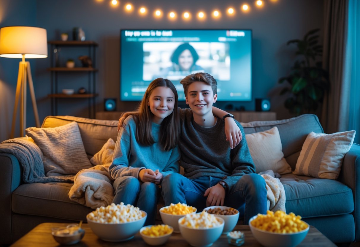 Two teenagers sitting on a sofa watching a movie together in a cozy living room with snacks on a table.