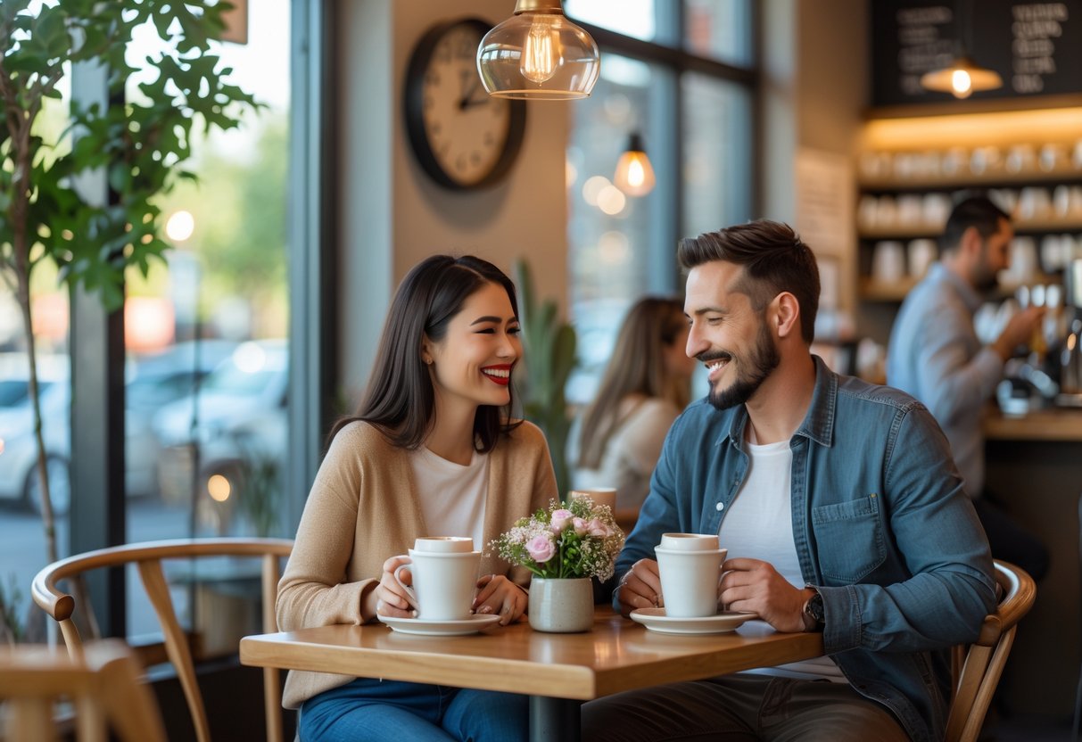 A couple sitting at a small table in a coffee shop, smiling and enjoying coffee together.