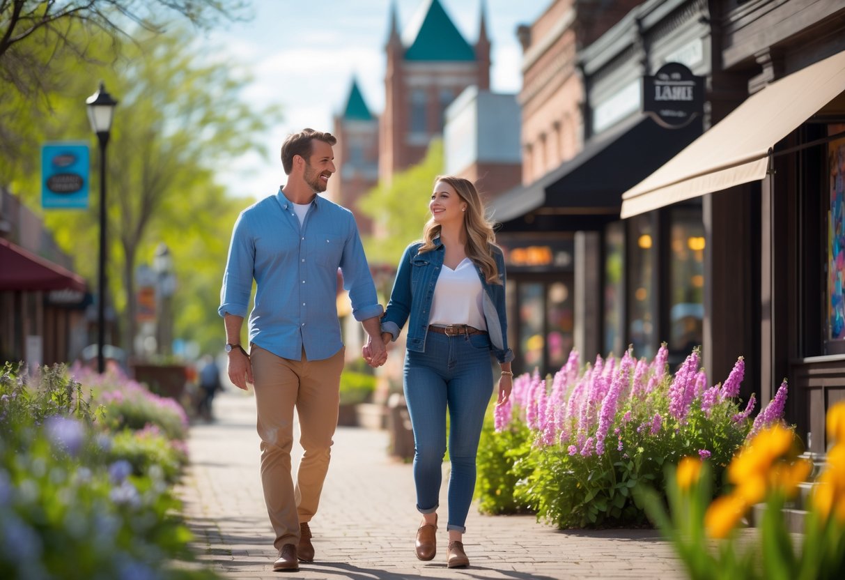 A smiling couple walking hand-in-hand along a flower-lined path in a lively outdoor area with local shops and greenery.