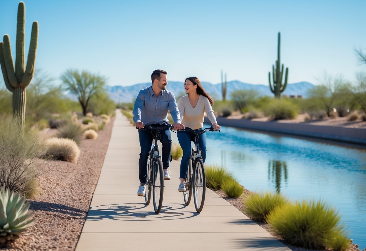 A couple riding bicycles together along a paved trail by a canal with desert plants and mountains in the background.