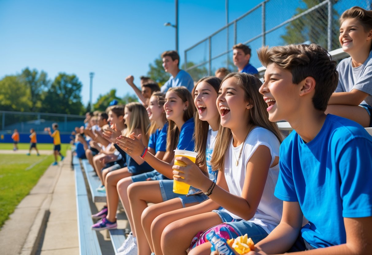 A group of teenagers sitting on bleachers watching and cheering at a local outdoor sports game.