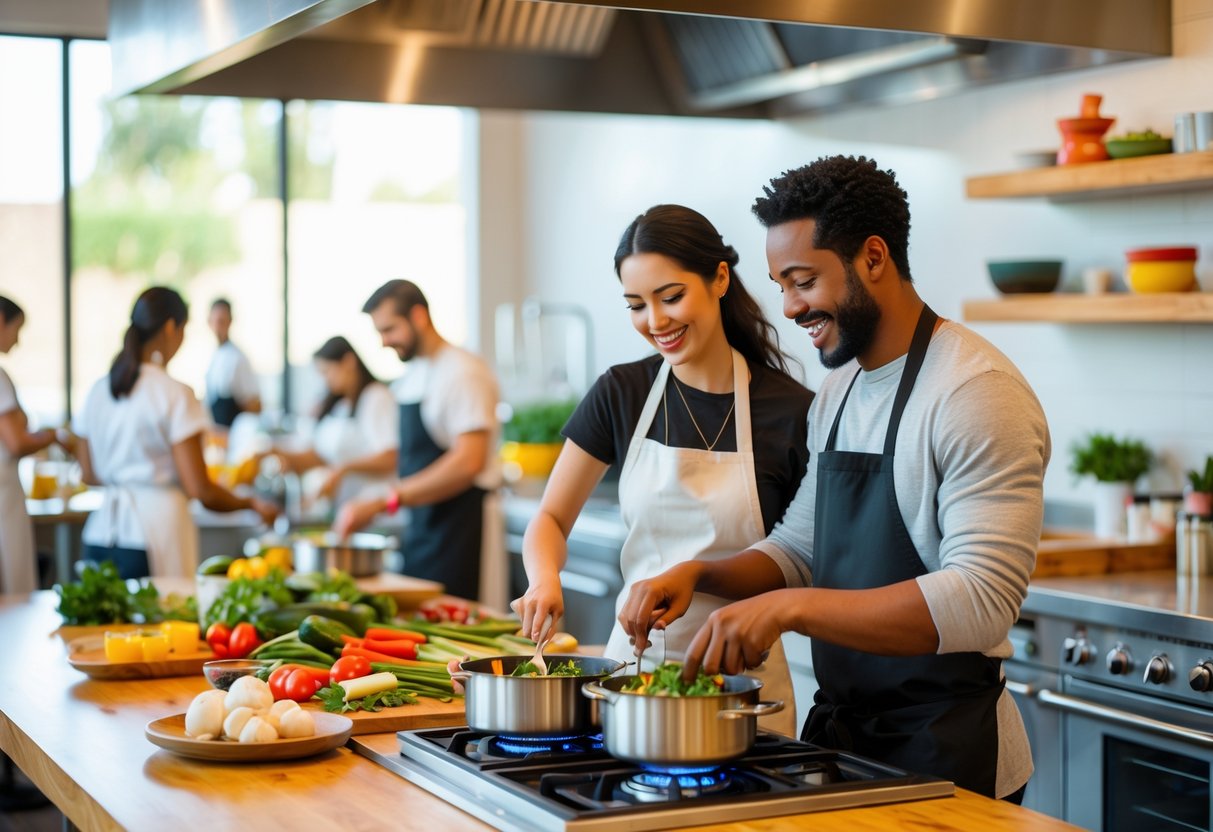A couple cooking together in a modern kitchen during a cooking class, smiling and preparing food.