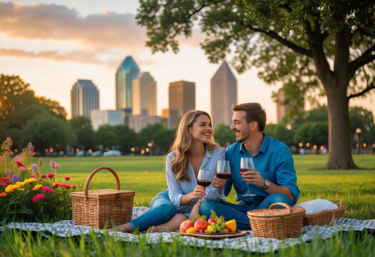 A young couple having a picnic together in a green park with the Tulsa skyline in the background.