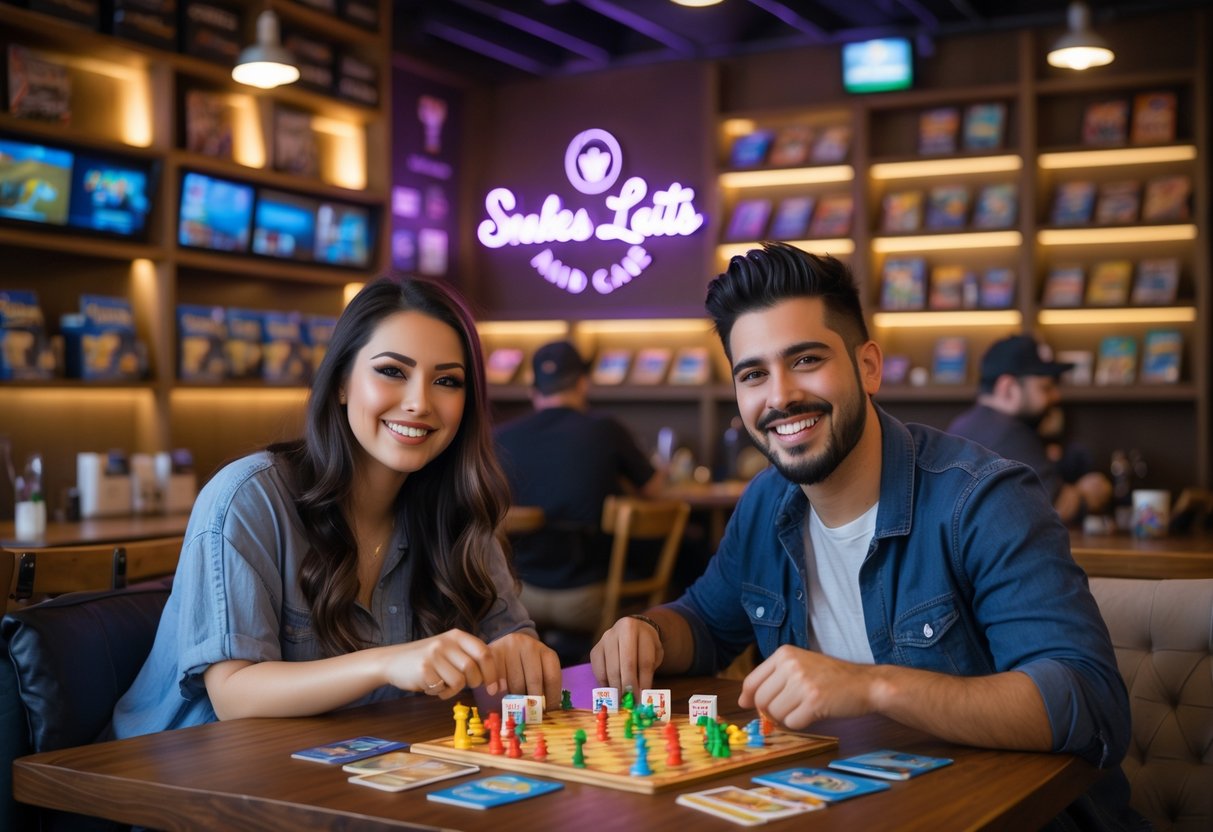 A young couple playing a board game together at a cozy cafe filled with shelves of board games.