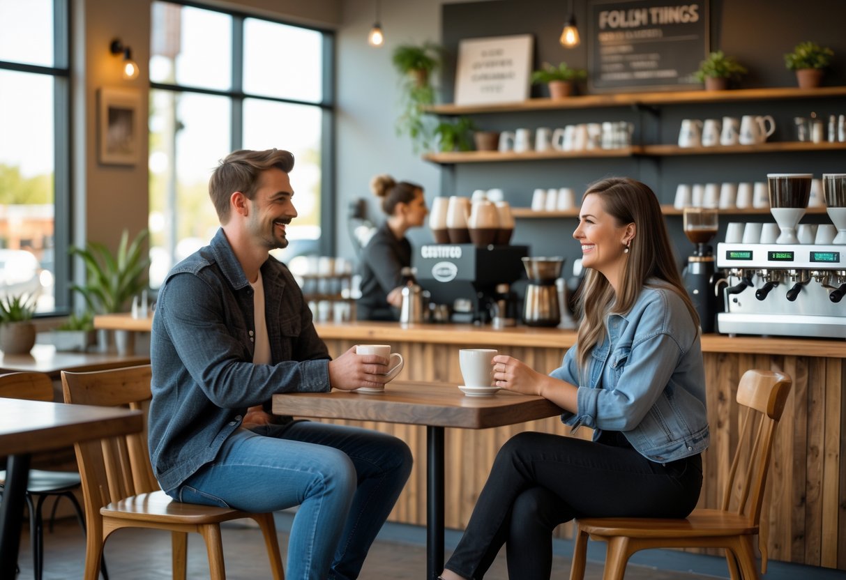 A young couple enjoying coffee together at a small table inside a cozy coffee shop.