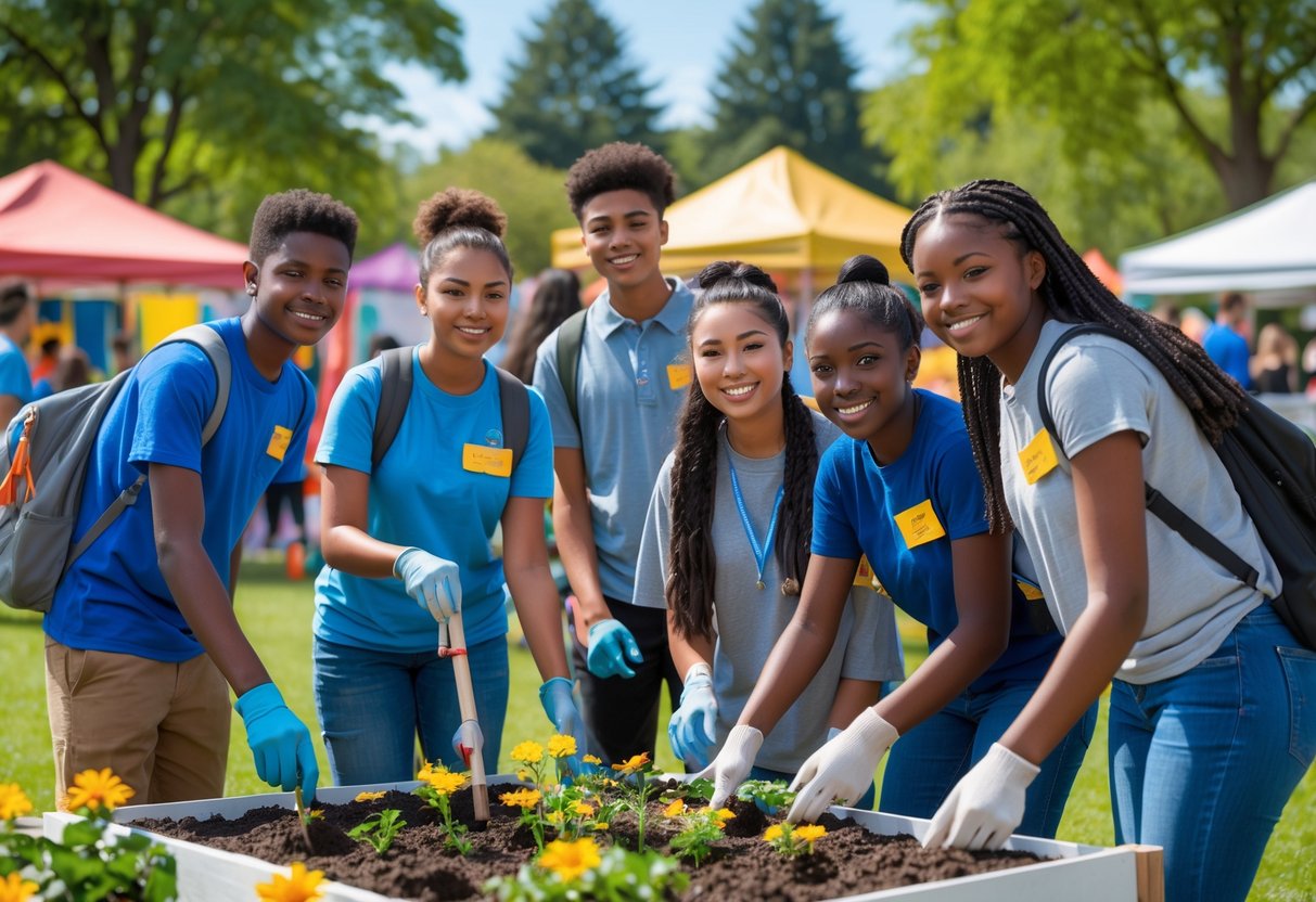 A group of teenagers volunteering together outdoors at a community event, planting flowers and painting a mural.