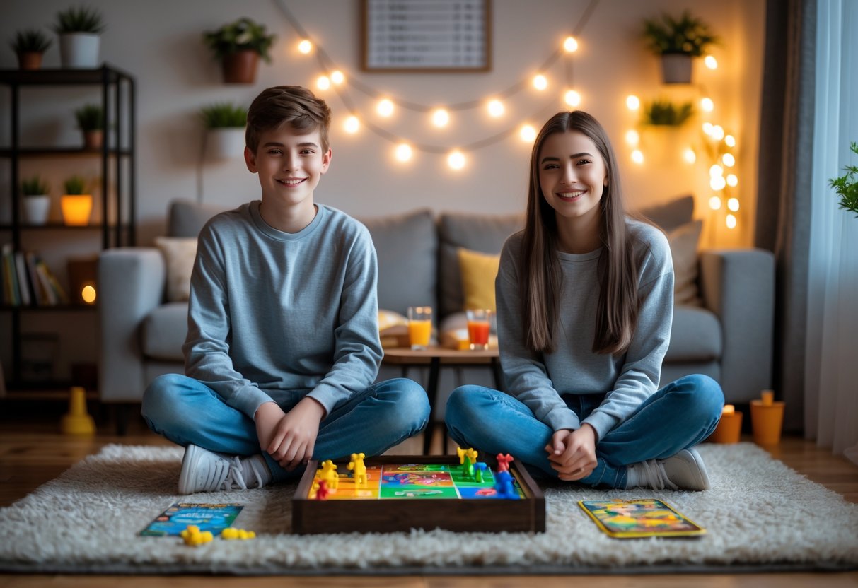 Two teenagers sitting on a rug playing a board game together in a cozy living room.