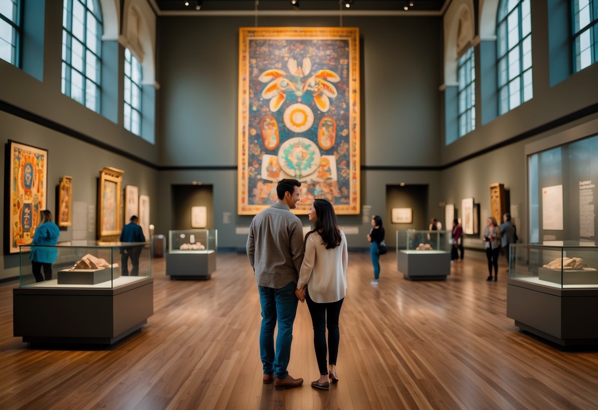 A couple admiring artwork inside a spacious museum with wooden floors and large windows.