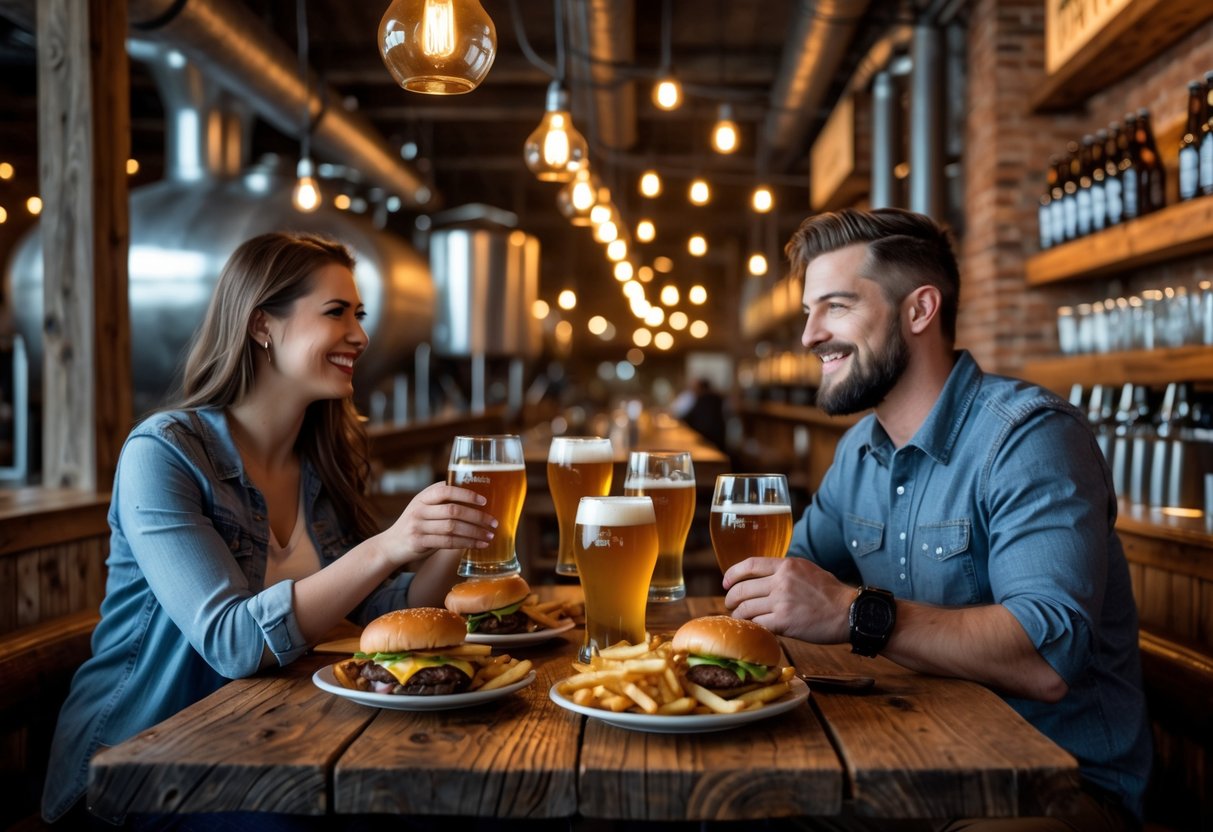 A couple enjoying dinner and drinks at a brewery with rustic decor and warm lighting.