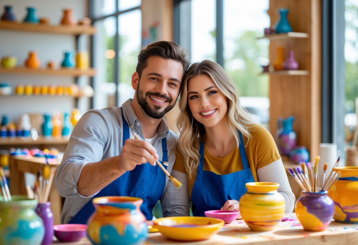 A couple painting pottery together at a bright and colorful art studio, smiling and focused on their work.