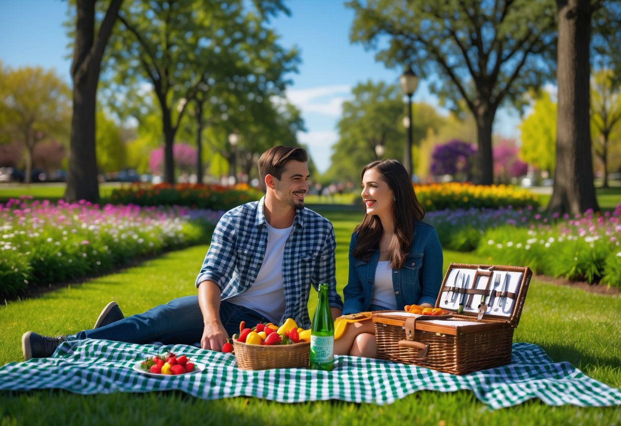 A couple having a picnic on a blanket in a park with flowers and trees around them.