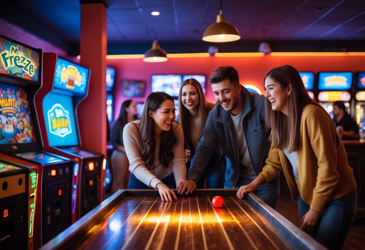 Couple playing shuffleboard and people enjoying arcade games inside a fun bar.