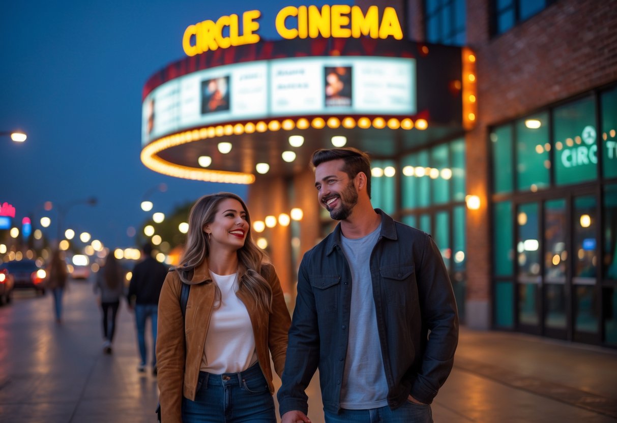 A young couple holding hands and smiling outside a brightly lit movie theater entrance at night.
