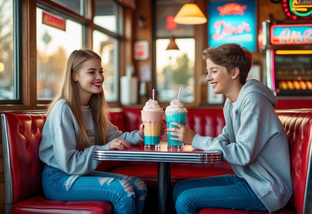 Two teenagers sitting in a cozy diner booth enjoying milkshakes together.