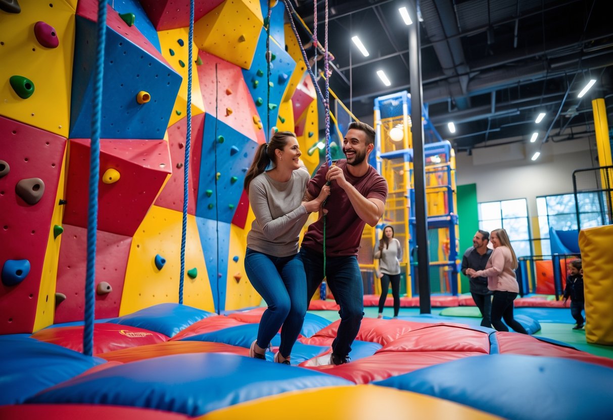 A young couple climbing and enjoying an indoor adventure playground with colorful climbing walls and ropes.