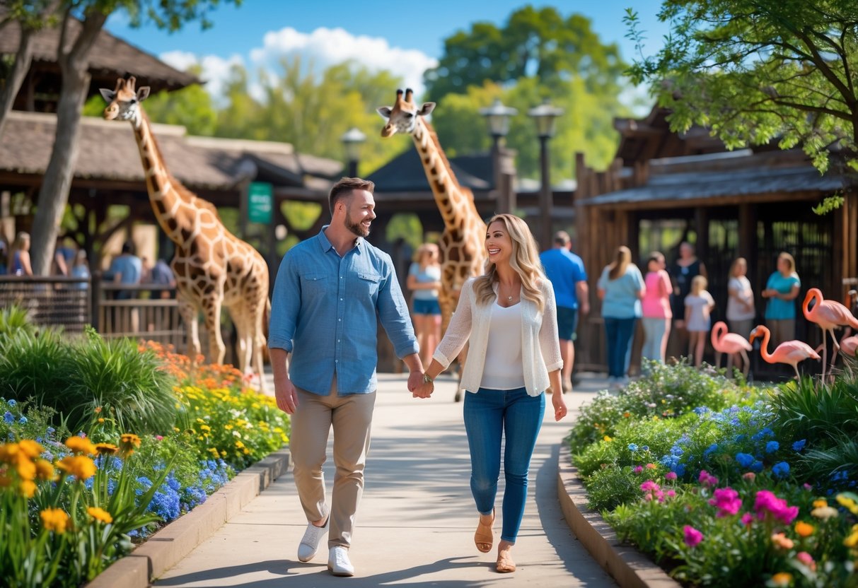 A couple walking hand in hand at a zoo pathway surrounded by greenery and animal enclosures on a sunny day.