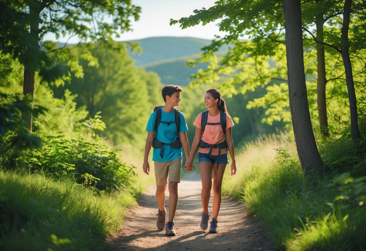 Two teenagers hiking together on a forest trail surrounded by green trees and sunlight.