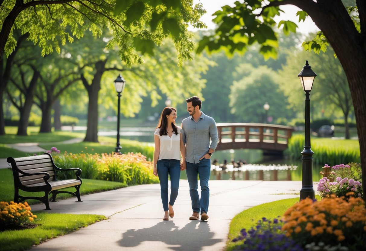 A couple walking hand-in-hand on a tree-lined path in a park near a pond with a wooden bridge.