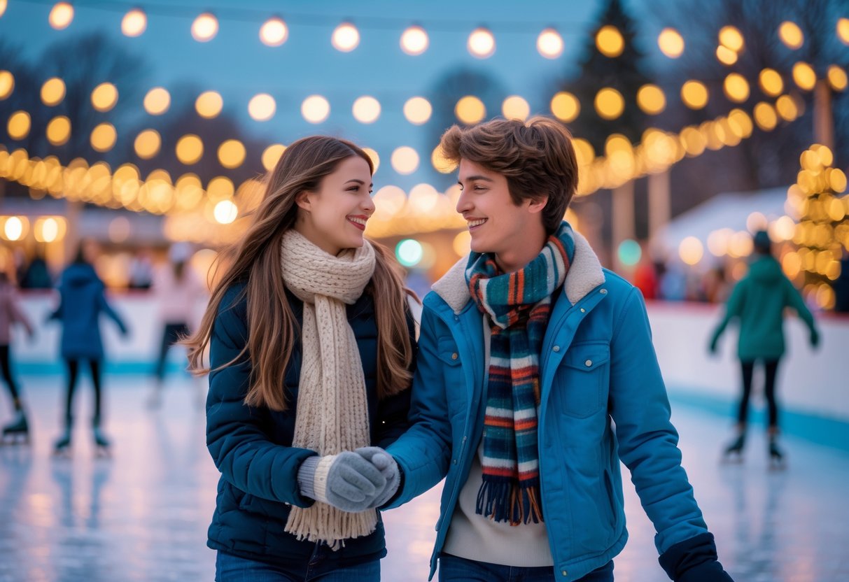 Two teenagers holding hands and smiling while ice skating together at an outdoor rink during early evening.
