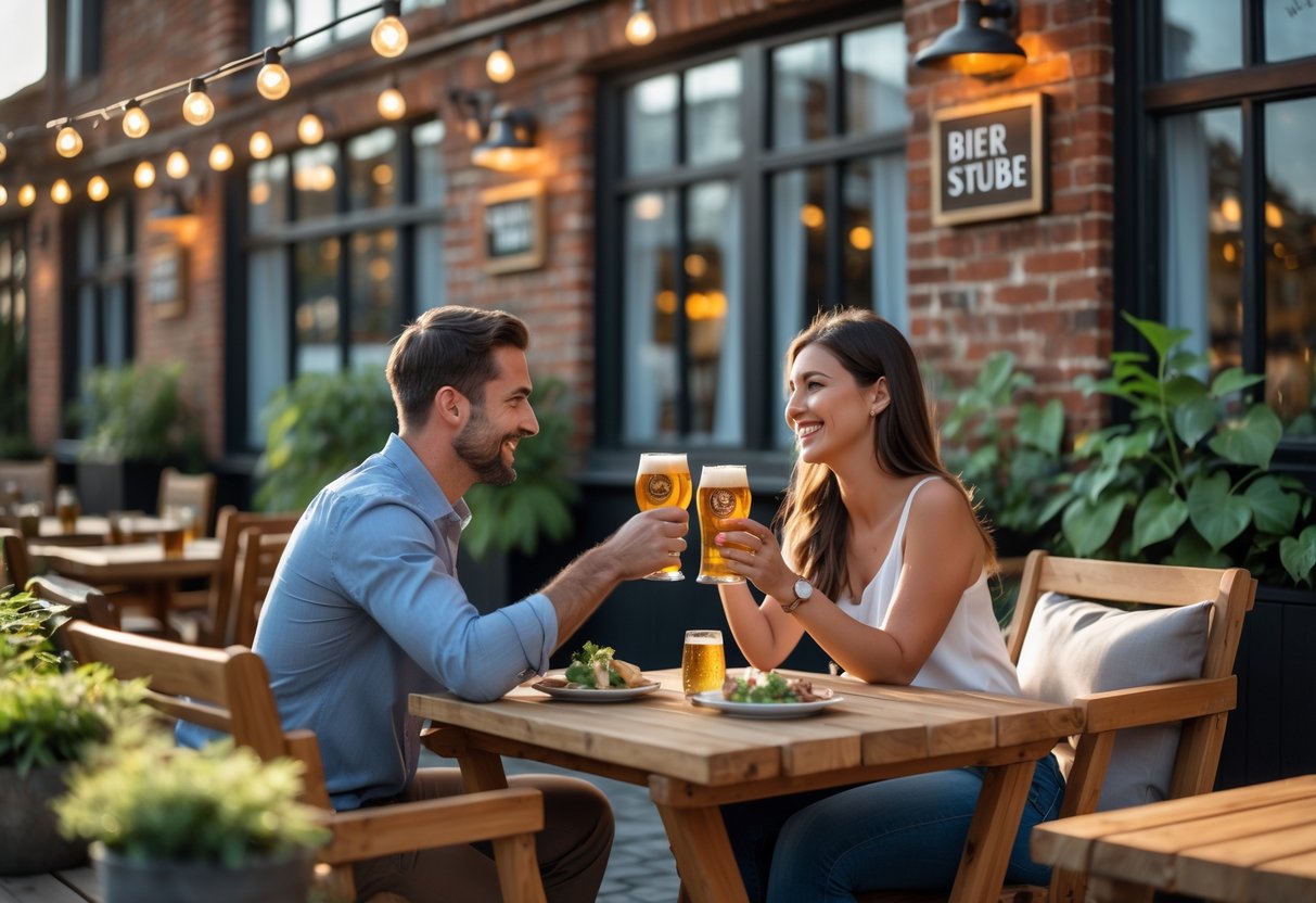 A couple enjoying drinks and appetizers together on a sunny outdoor patio surrounded by plants and wooden furniture.