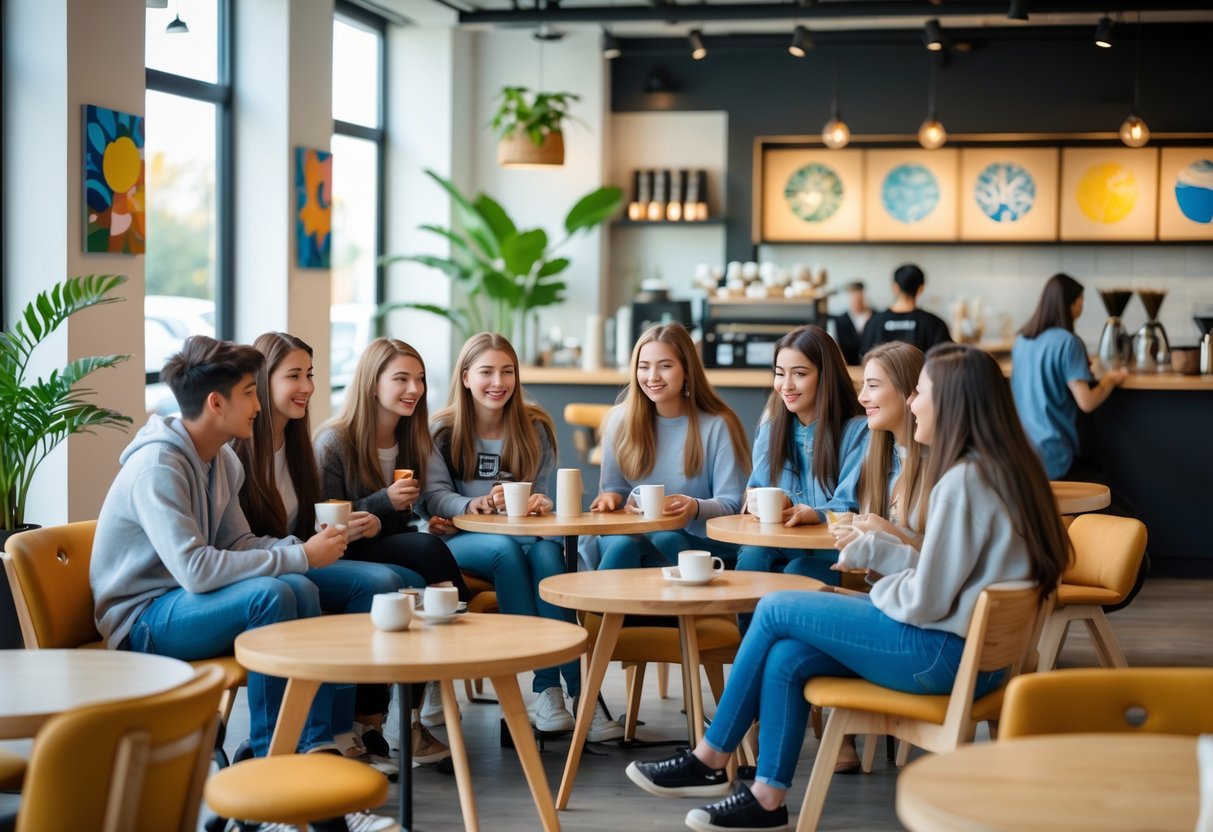 Teenagers sitting and chatting in a cozy cafe with coffee and natural light.