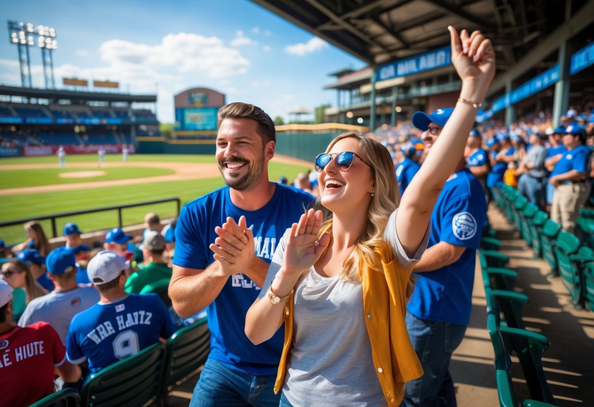 A couple cheering and clapping at a baseball game in a crowded stadium.