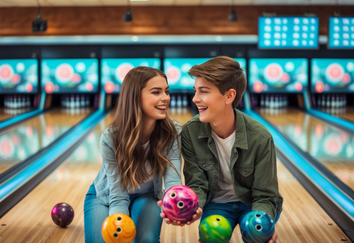 Two teenagers smiling and bowling together at a bowling alley on a first date.