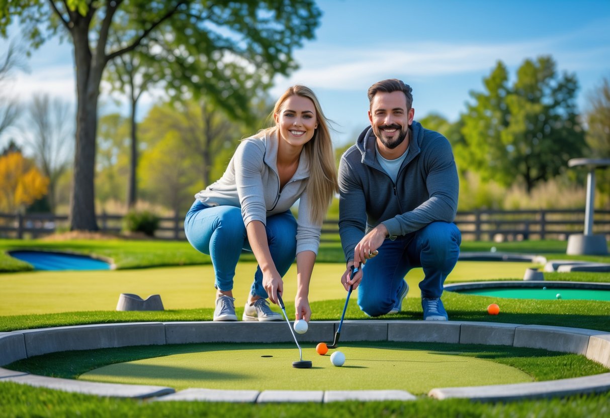 A couple playing mini golf together outdoors on a sunny day at a green park with trees in the background.