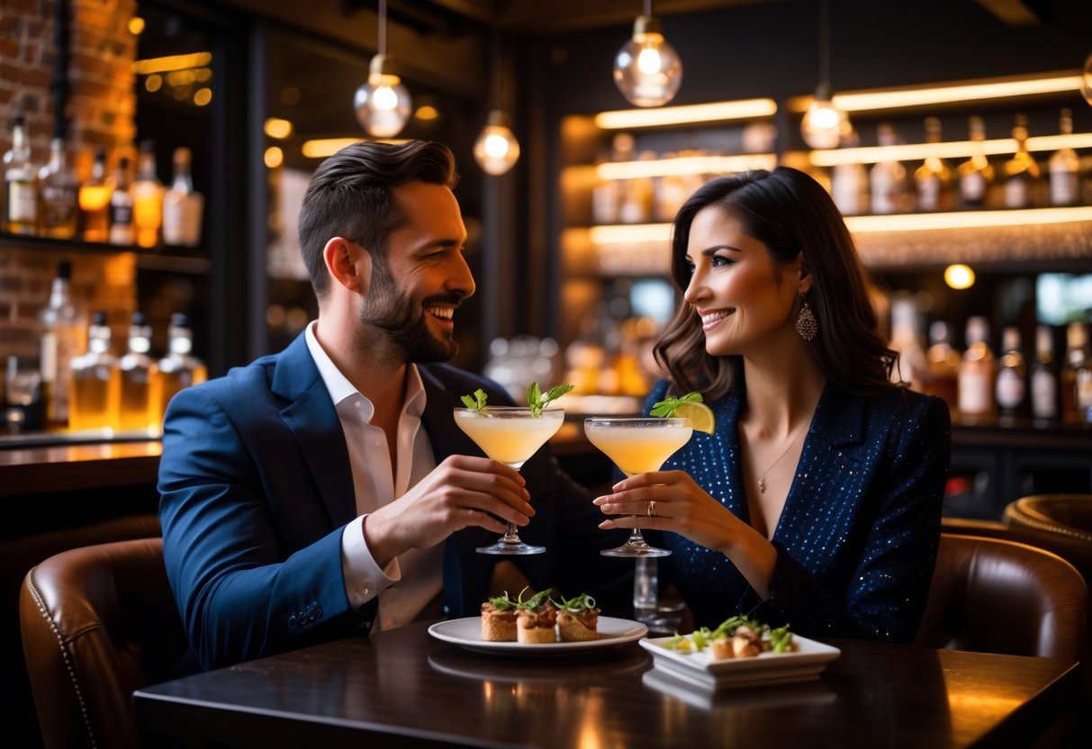 A couple enjoying cocktails and appetizers at a stylish bar with exposed brick walls and warm lighting.