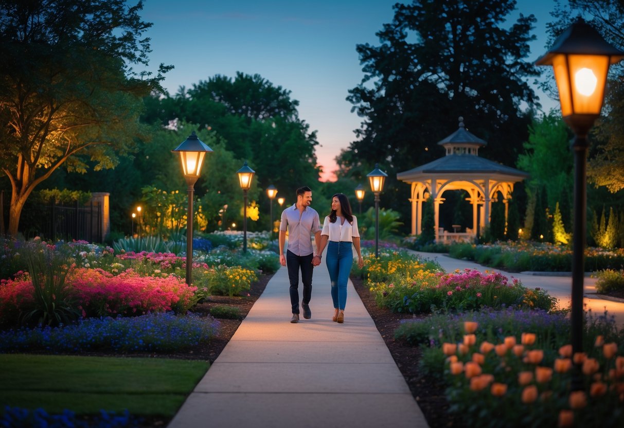 A couple walking hand in hand along a flower-lined path in a garden at dusk.