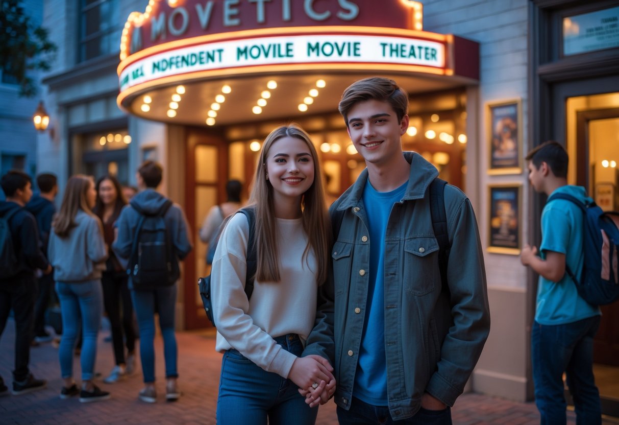 A teenage couple holding hands outside an independent movie theater, smiling and preparing to watch a movie together.