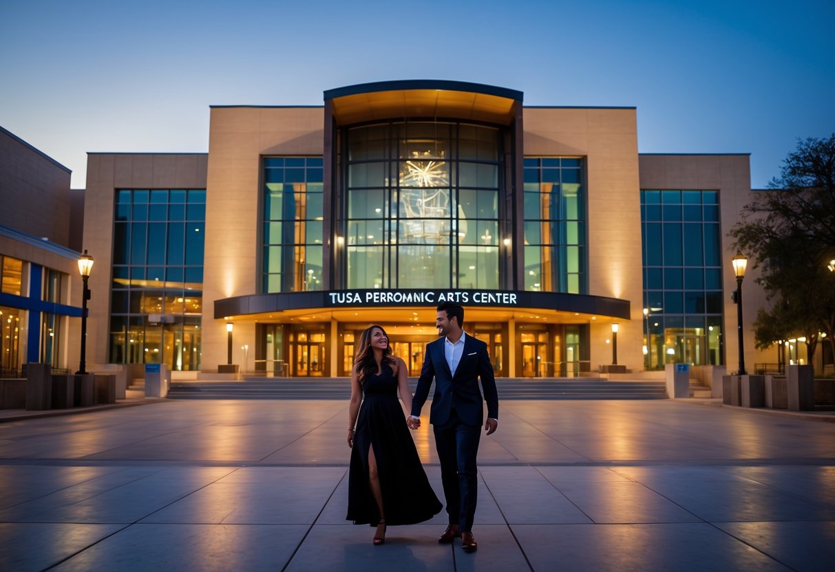 A couple walking hand in hand toward the entrance of the Tulsa Performing Arts Center at night.