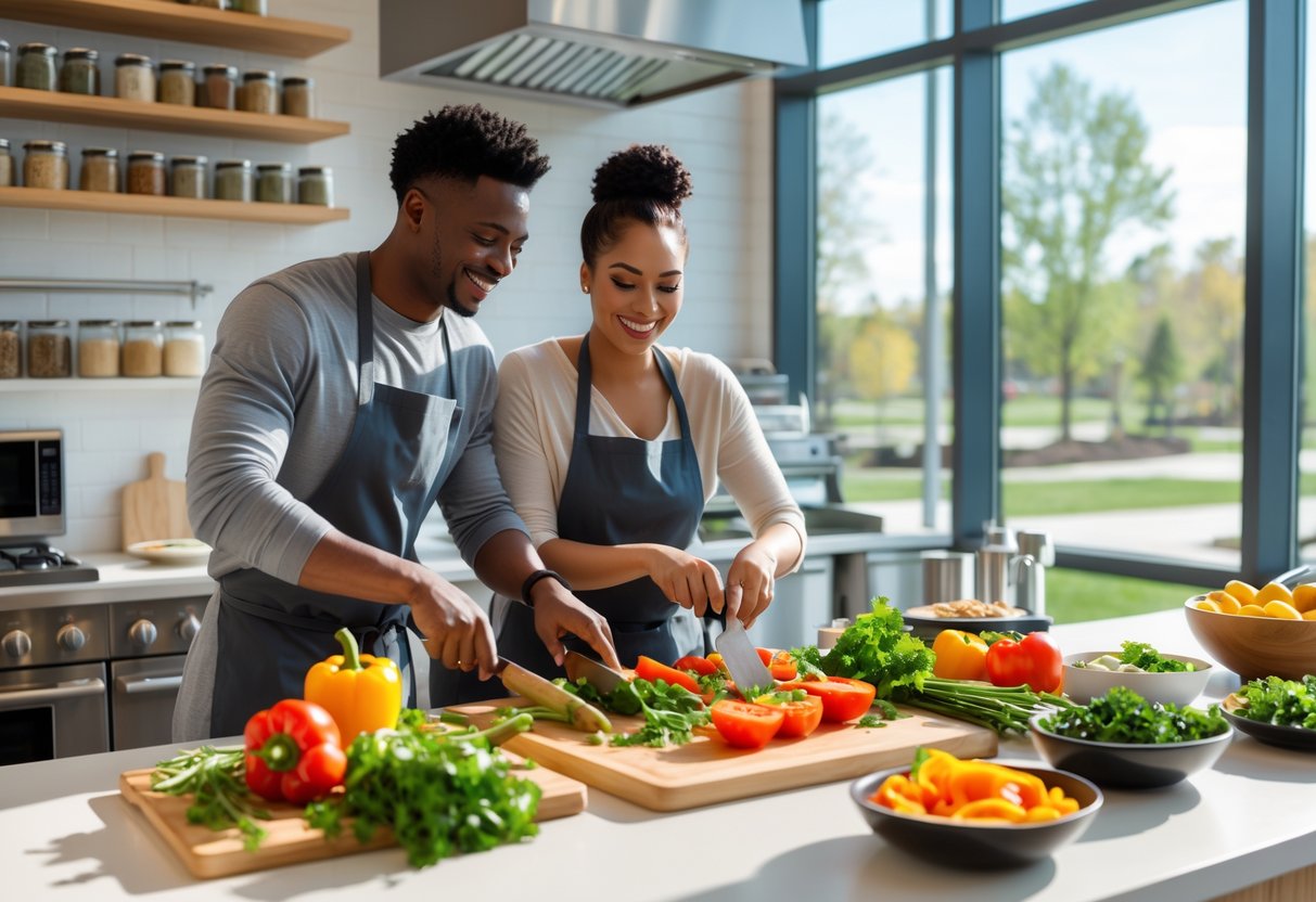 A couple cooking together in a bright kitchen preparing fresh vegetables, smiling and enjoying the activity.