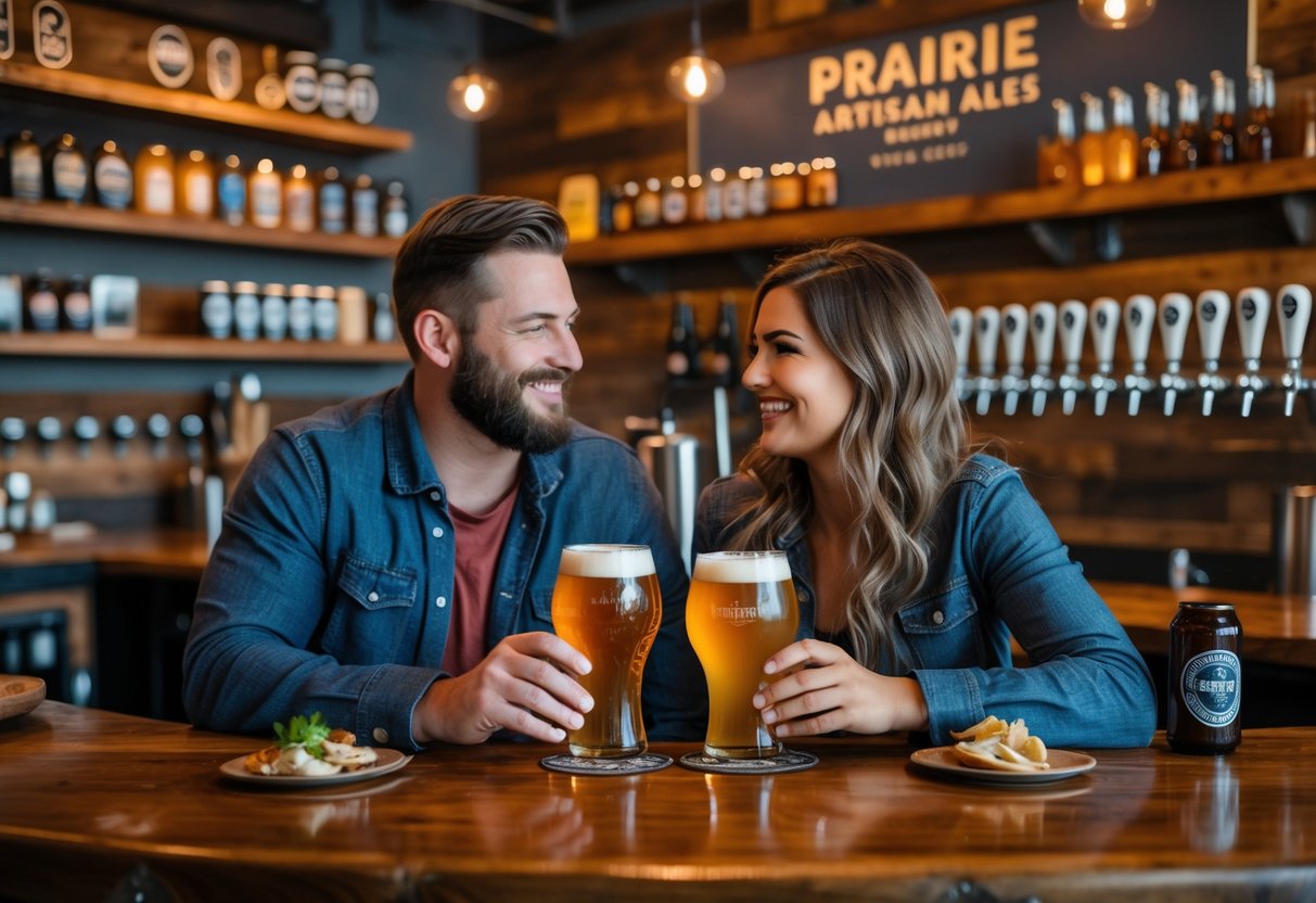 A couple enjoying craft beers together at a wooden bar inside a brewery.