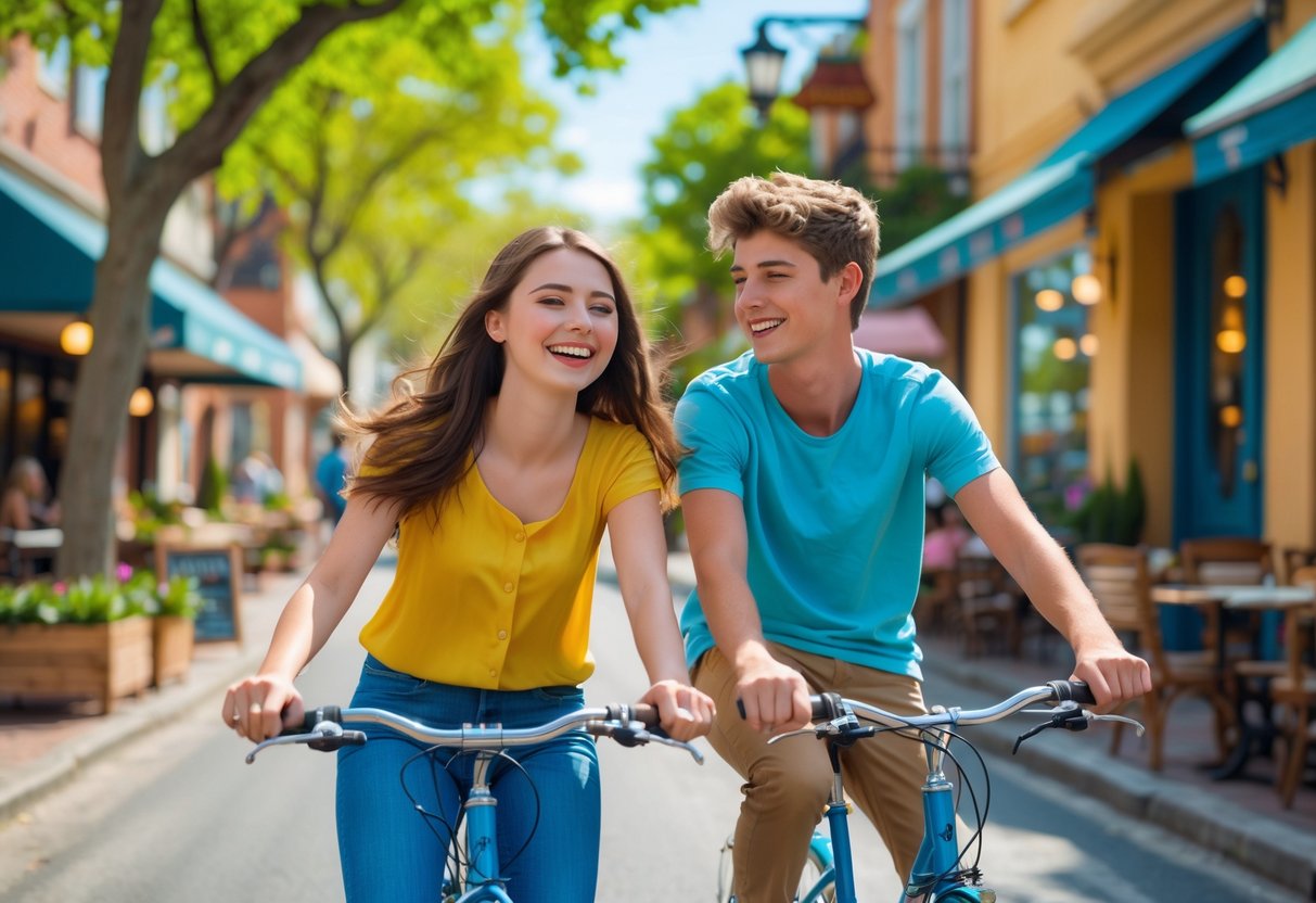 A teenage boy and girl riding bicycles together on a sunny street in town, smiling and enjoying their time.