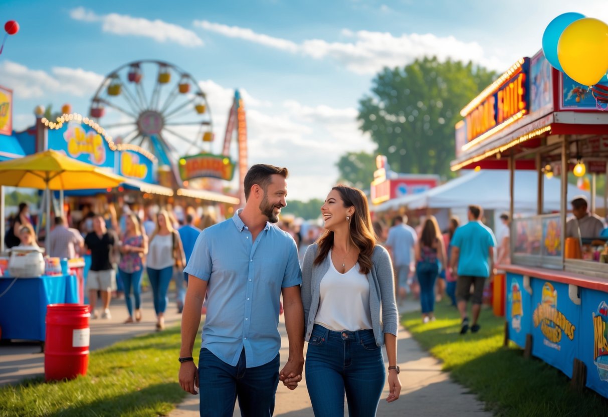 Couples and families enjoying rides and food at a busy outdoor fair with colorful attractions and clear skies.