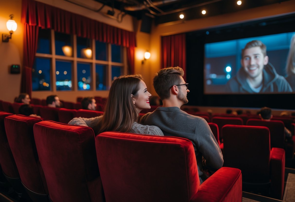 A young couple sitting together in a small theater watching a film on a large screen.