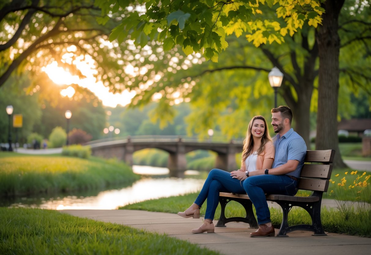 A couple sitting on a bench in a green park near a river, enjoying a sunny day together.