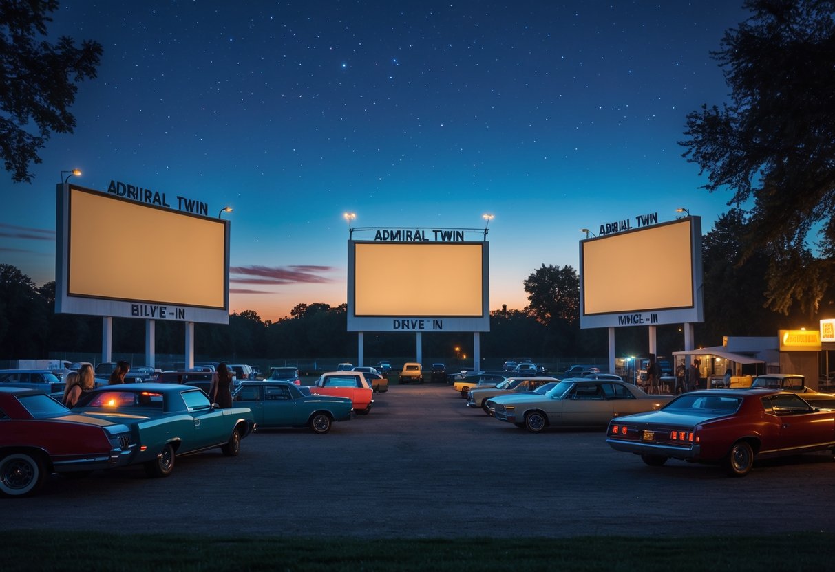 Couples sitting in cars at a drive-in movie theater with two large outdoor screens lit up at dusk.