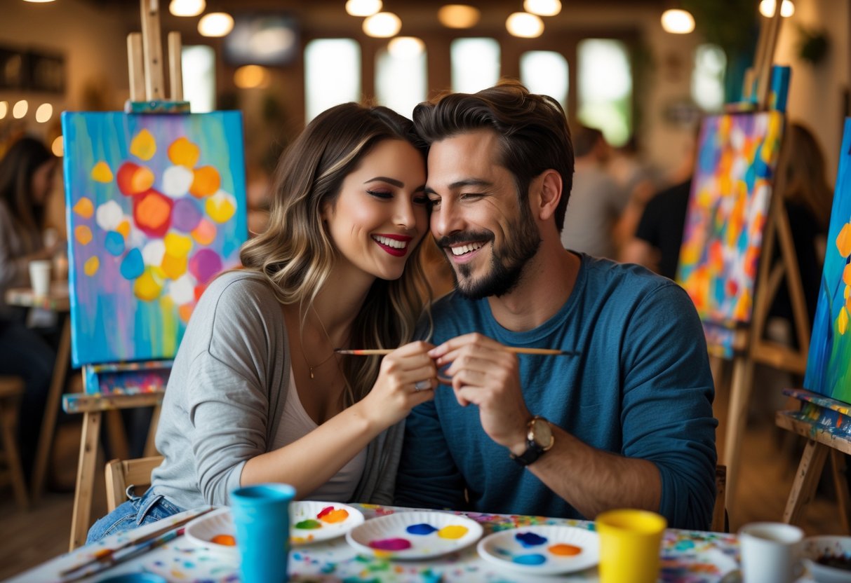 A couple painting together at an art studio during a date night, surrounded by easels and colorful paints.