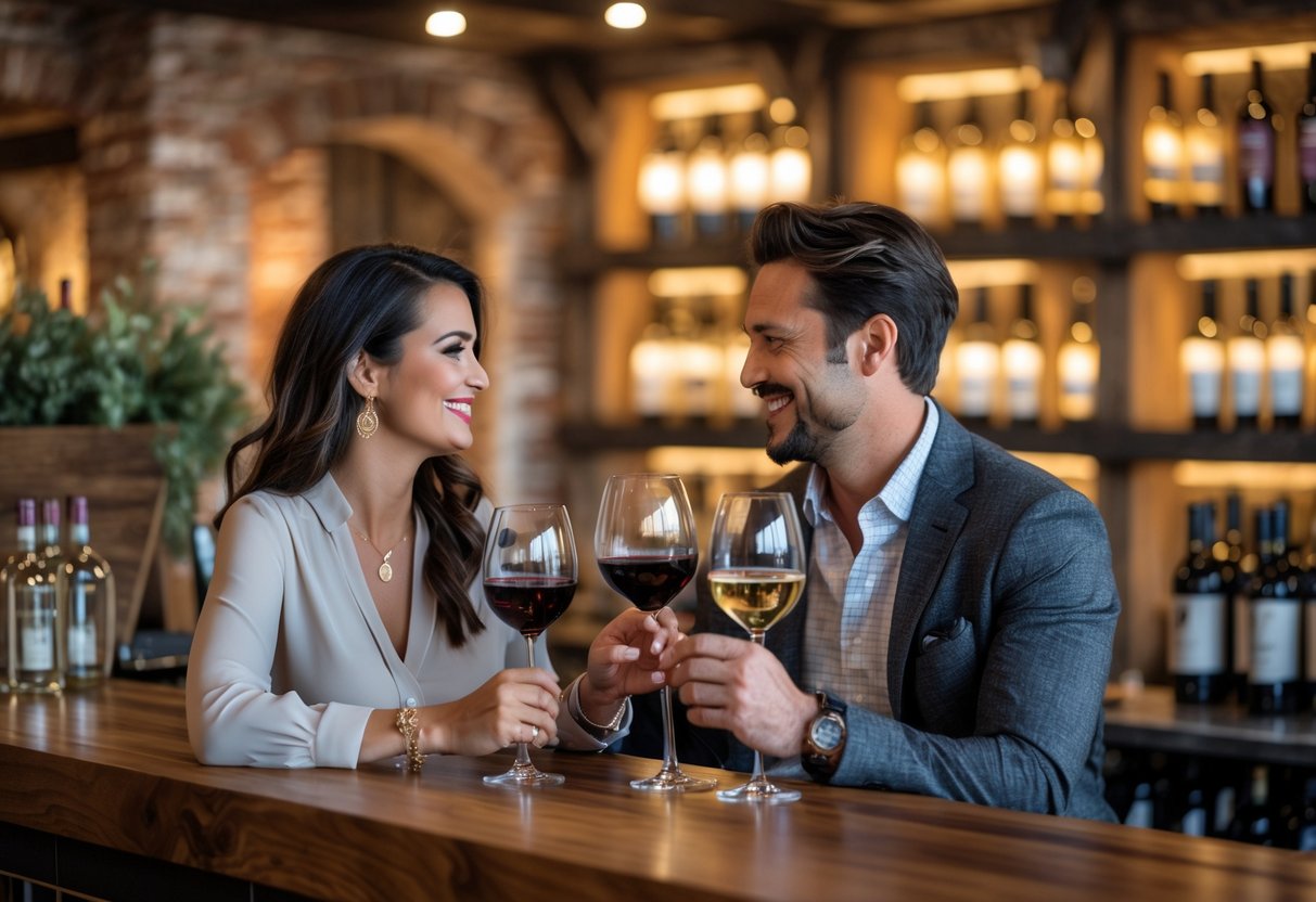 A couple enjoying wine tasting together at a cozy, modern winery tasting room with wine bottles in the background.