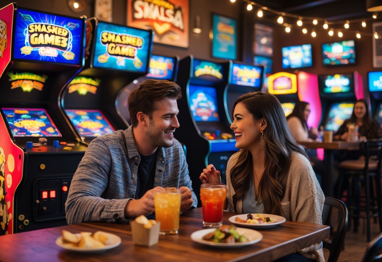 A young couple playing retro arcade games together in a warmly lit game and grill venue.