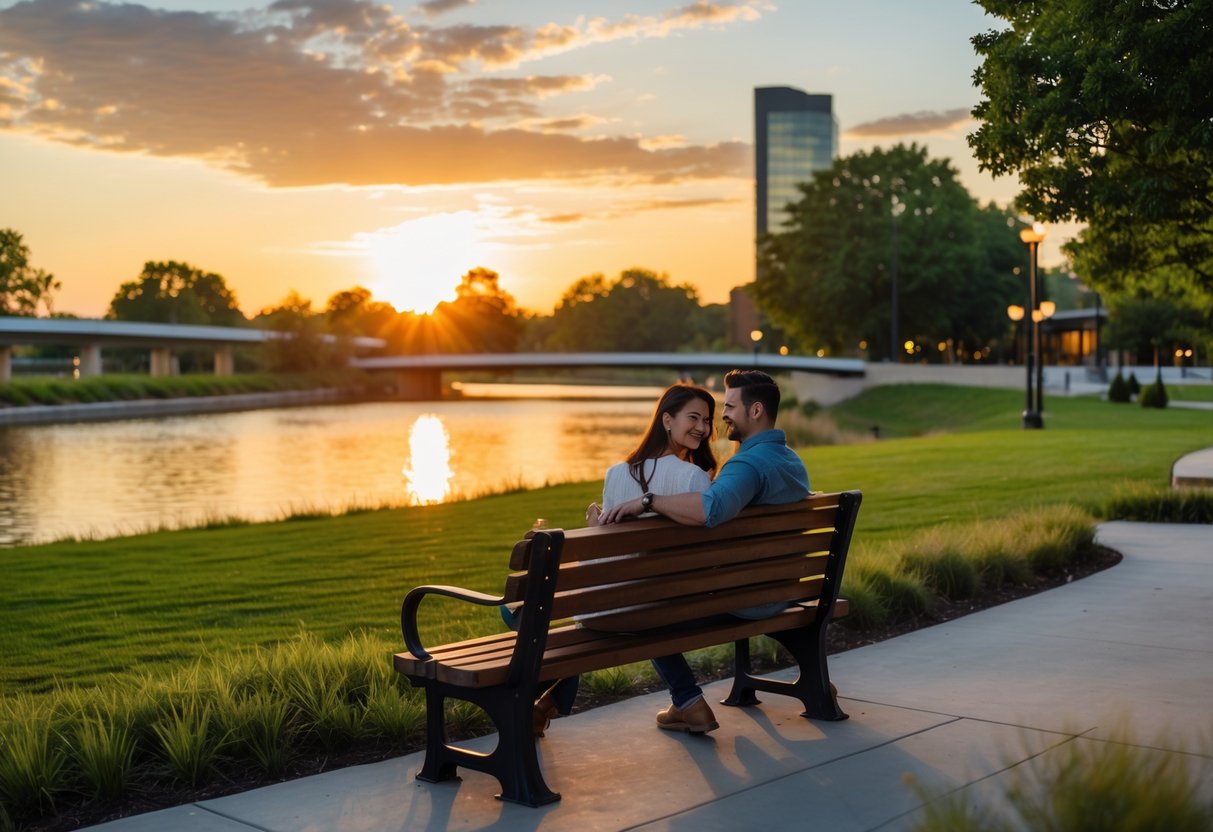A couple sitting on a bench watching the sunset over a river surrounded by trees at Gathering Place park.