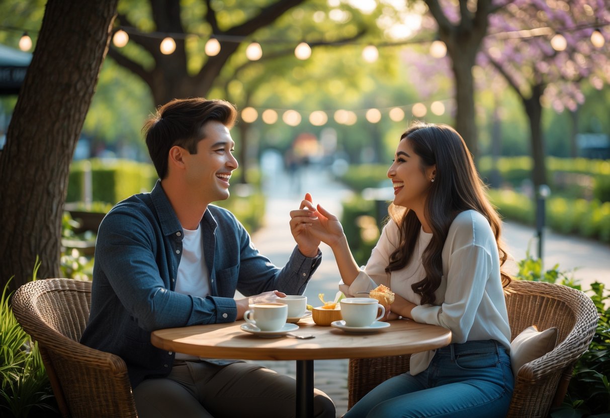 A young couple smiling and talking at an outdoor cafe table surrounded by greenery.