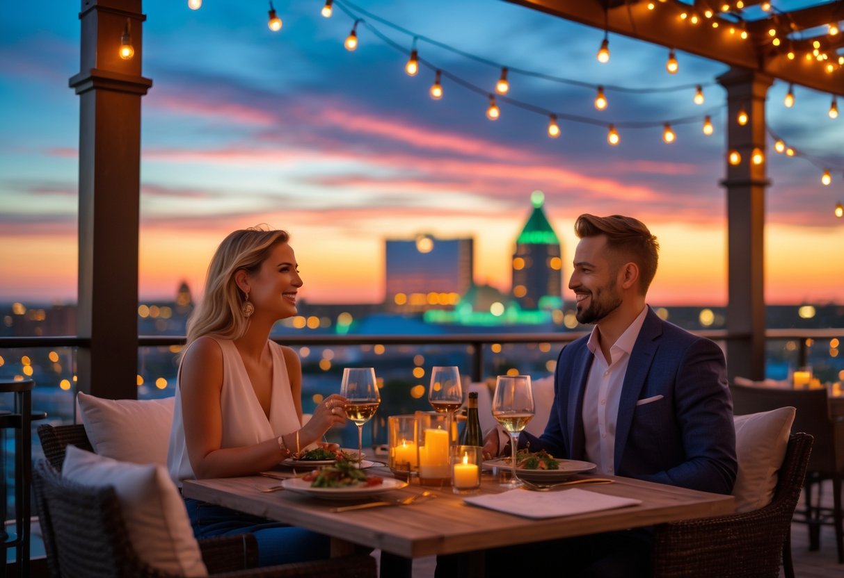 A couple enjoying a romantic dinner at a rooftop restaurant with city skyline and sunset in the background.