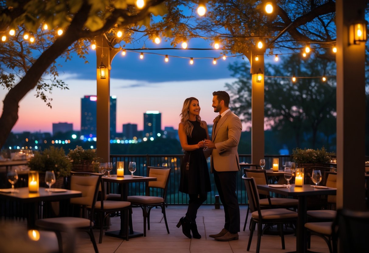 A couple enjoying a romantic outdoor dinner at an elegant restaurant patio in Tulsa at twilight.
