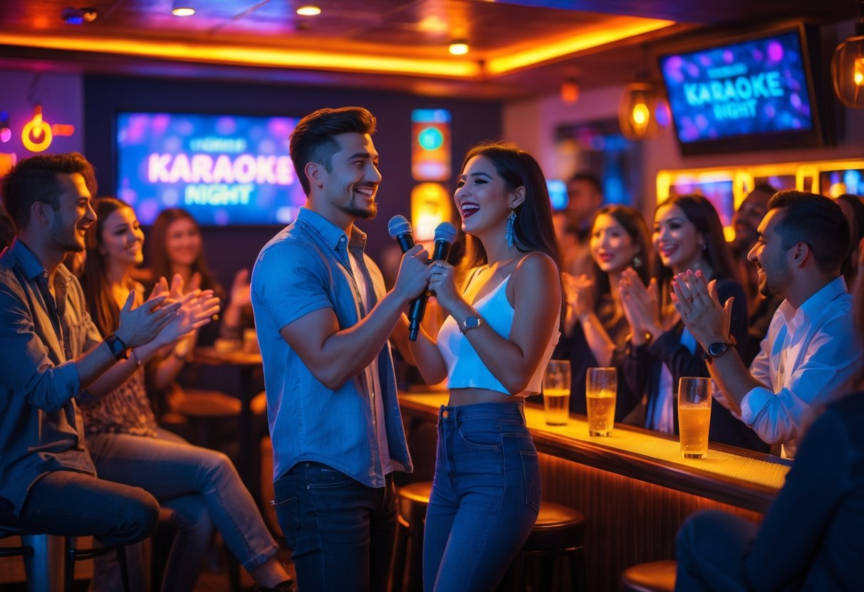 A young couple singing together on a small stage in a lively karaoke bar filled with people enjoying the night.