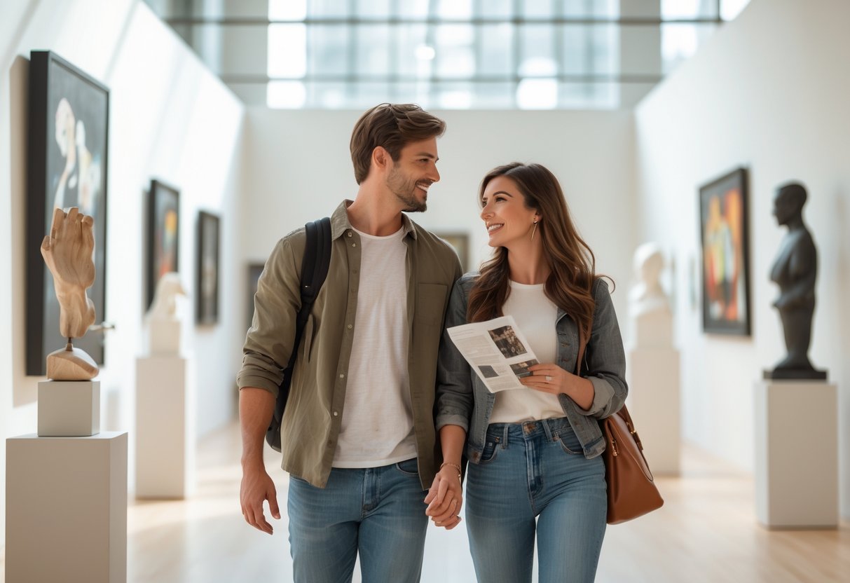 A young couple walking together inside a bright museum or art gallery, looking at artwork on the walls.