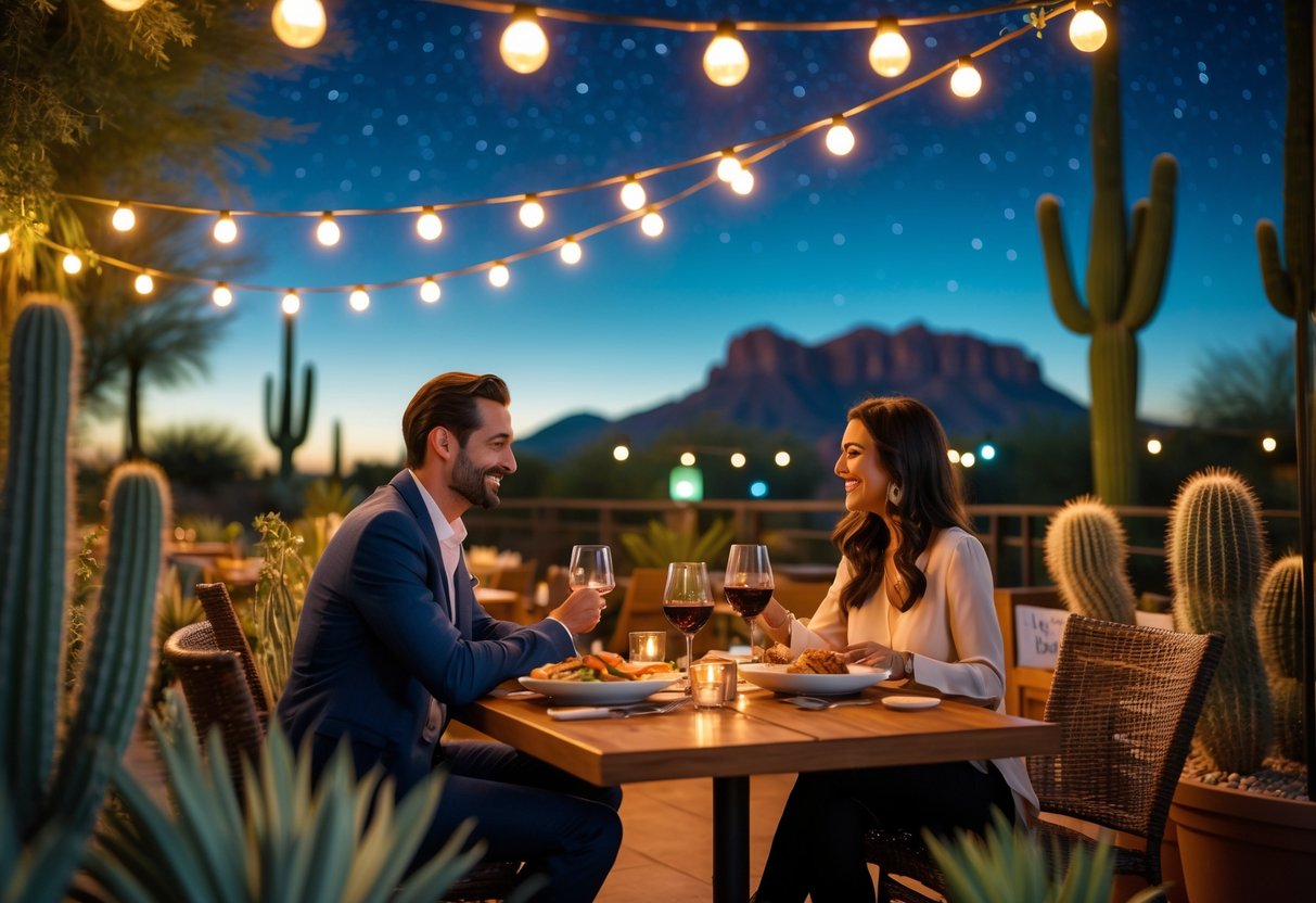 A couple enjoying a romantic outdoor dinner at a softly lit restaurant patio with desert plants and mountains in the background at twilight.