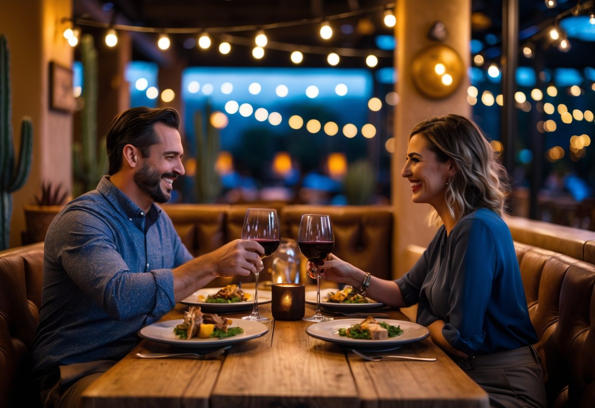 A couple enjoying a romantic dinner at a warmly lit restaurant with rustic decor and wine glasses on the table.
